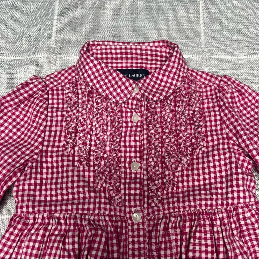 Ralph Lauren 12 Months Pink White Gingham‎ Plaid Dress Long Sleeves Roll Tab